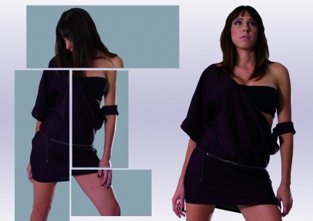 Vestido mangas desiguales, escote amplio que sujeta al brazo por pieza efecto brazalete.